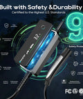 Level Two Ev Portable Charger For Tesla And Nacs Rides Offering Straight Plug Setup With 32 Amp 240V Power Via Nema 14 50 Outlet And 25 Foot Cord Adjustable Ampage with LED display and safety features.