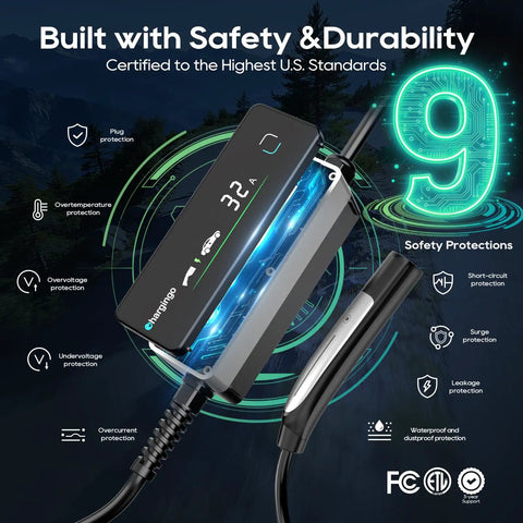Level Two Ev Portable Charger For Tesla And Nacs Rides Offering Straight Plug Setup With 32 Amp 240V Power Via Nema 14 50 Outlet And 25 Foot Cord Adjustable Ampage with LED display and safety features.