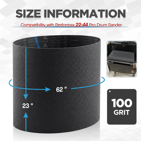 Heavy Duty Silicon Carbide Drum Sander Feed Belt 23X62 Inches 100 Grit High Grip Conveyor Belt for Performax 22 44 Pro