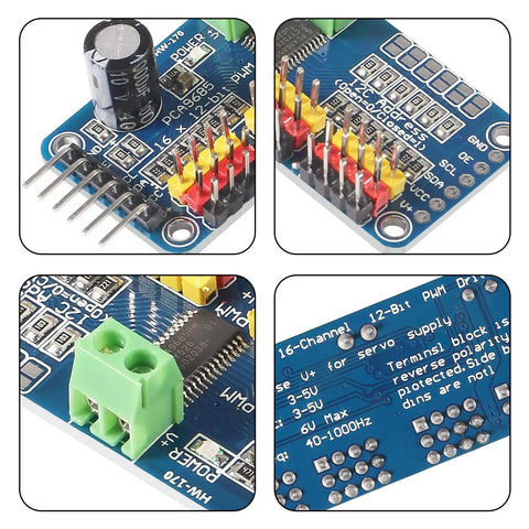 Four Pack PCA9685 16 Channel 12 Bit PWM Servo Driver Board For I2C Interface, detailed view showing connectors and circuit layout.