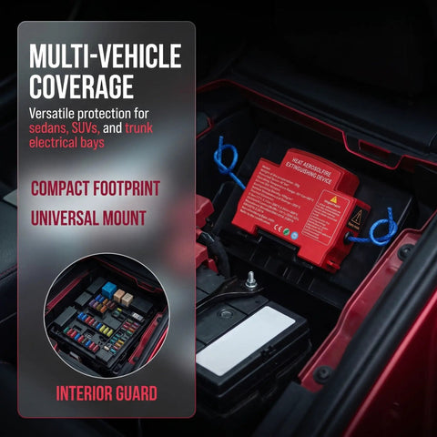 Automatic Car Fire Extinguisher Compact Aerosol Unit With Slick Peel Stick Install For Instant Flame Stop And Solid Vehicle Safety Hassle Free Essential Emergency Ride Guard Gear shown mounted in vehicle trunk for multi-vehicle use.