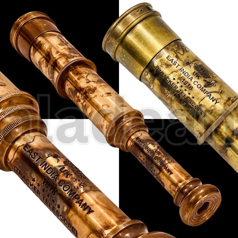 Brass Pirate Spyglass Telescope Replica From 1818 Tracker Era With Adjustable Focus, brass scope shown close-up