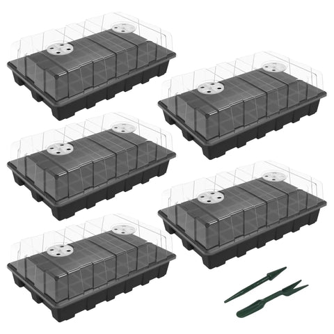 5-Set Seed Starter Tray Kits With Humidity Vented Domes And Bases For Durable Germination Trays Great For Seed Starting Indoor Gardening And Greenhouse Use Total 200 Cells shown with included tools