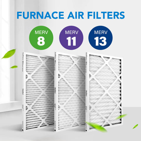 Furnace air filters display with MERV 8, 11, 13 ratings, 14x25x1 Air Filter MERV 11 6-Pack For AC And Furnace, Electrostatic Design