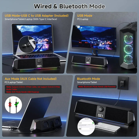 Bluetooth Computer Speakers Soundbar With Digital Clock Display, USB Plug And Play For Desktop Monitor And Laptop setup with LED lights