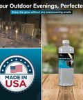 Odorless Clean Burning Tiki Torch Fuel For Outdoor Torches And Lanterns, Smokeless Formula Delivers A Bright Steady Flame, Long Lasting 32oz Bottle on table