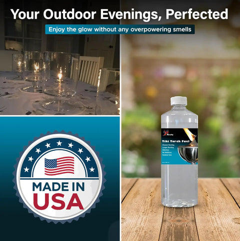 Odorless Clean Burning Tiki Torch Fuel For Outdoor Torches And Lanterns, Smokeless Formula Delivers A Bright Steady Flame, Long Lasting 32oz Bottle on table