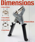DIY Grommet Kit With 3/8 Inch Metal Grommets, Hand Press Tool, dimensions and black handle pliers, shown with silver grommets.
