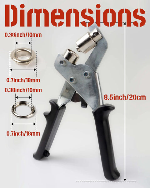 DIY Grommet Kit With 3/8 Inch Metal Grommets, Hand Press Tool, dimensions and black handle pliers, shown with silver grommets.