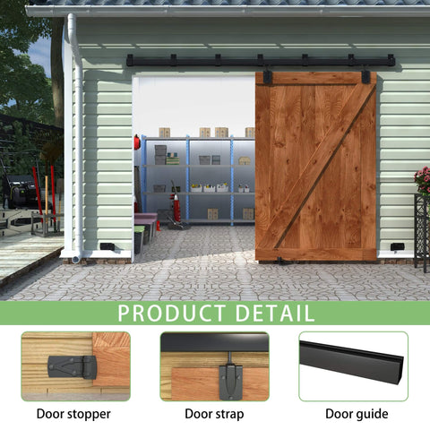 Heavy Duty Exterior Sliding Barn Door Track Kit With Five Brackets 9 Foot Black Weatherproof Wall Mount Hardware For Large Doors And Gates Supports Up To 500 Lbs Smooth Operation And Durable Rail System installed on garage with open wooden door