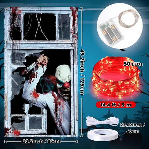 Haunting Halloween Window Curtain With 16.4 Ft LED Lights, Creepy Clown Backdrop And Joker Poster Decor For Doors And Walls