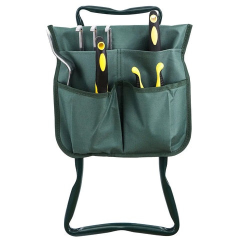 Front view of Garden Kneeler Seat With EVA Foam Pad, Folding Portable Stool And Kneeling Pad, Steel Tubing Build, Tool Pouch, Green.