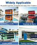 Rock Solid Commercial Life Vest Display Rack On Smooth Brake Wheels For Poolside Deck Marine Rescue Gear Storage Organizer With Top Shelf Steel Frame at swimming pools and marinas.