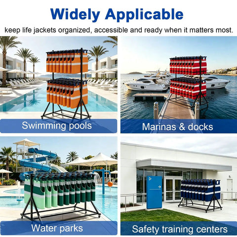 Rock Solid Commercial Life Vest Display Rack On Smooth Brake Wheels For Poolside Deck Marine Rescue Gear Storage Organizer With Top Shelf Steel Frame at swimming pools and marinas.