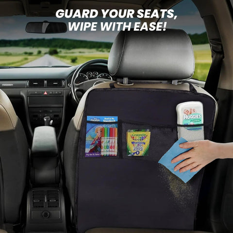 Backseat Car Seat Protector And Organizer Set Waterproof Kick Mats For Kids 2 Pack With Built In Storage Pockets Dirt Mud Scratch Guard And Easy Cleanup Travel Accessory For A Cleaner Ride installed with items in pockets