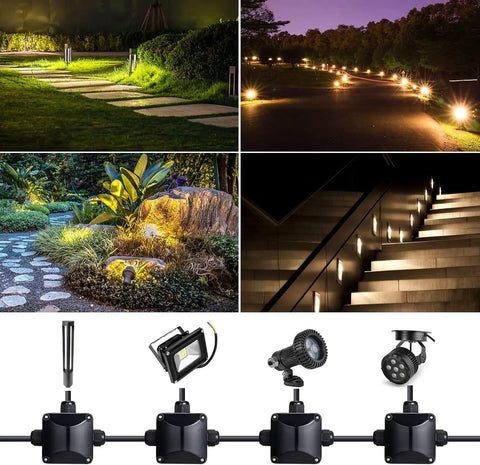 Outdoor IP66 Waterproof Junction Box Kit Of 4 with 3-Way Cable Connectors in use for LED landscaping lighting