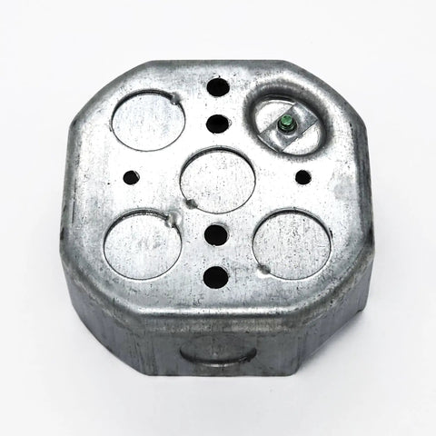 4 Inch Octagon Electrical Box With Three Eighth Inch Knockouts Cover UL Listed Galvanized Steel Junction Box For Ceiling Or Wall Installations Durable Weather Resistant Conduit Ready Ideal For Residential Or Commercial Wiring