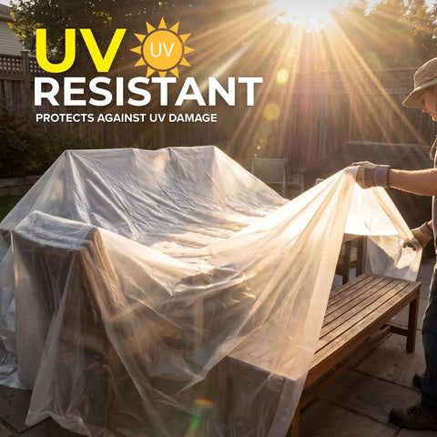 Heavy Duty 6 Mil Plastic Sheeting With UV Protection covering outdoor furniture, sunlight highlighting 10 Ft By 25 Ft polyethylene film.