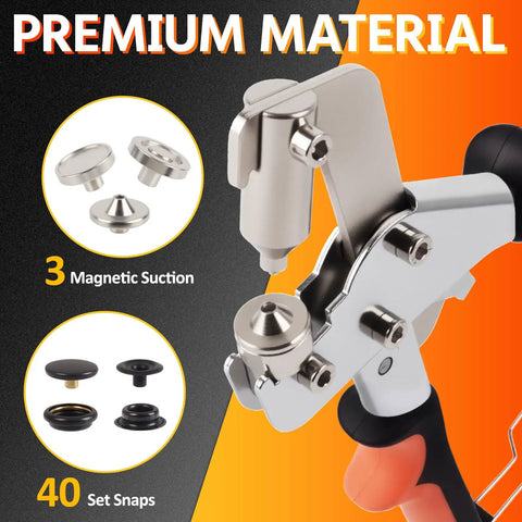 Pro Grade Heavy Duty Snap Fastener Kit With Canvas Installation Tool And 160 Black 15mm Snaps close-up of tool and snaps