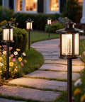 Sweet Low Voltage Outdoor Pathway Lighting Kit 12V 3000K Warm LED Walkway Lights With Crackled Glass Orb Finish illuminating a garden path.