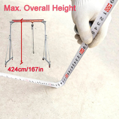 Beefy Portable Gantry Crane 2000 Lbs Lift Capacity Ten Point Five Feet Wide Adjustable Gantry With measurement tape