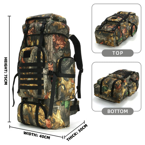 70L Tactical Camping Backpack For Outdoor Adventures, Rugged 600D Waterproof Oxford Rucksack With MOLLE, camo design, 75cm height