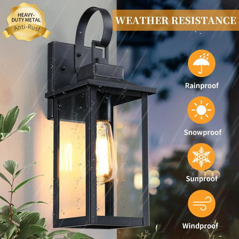 Large Outdoor Wall Lights Two Pack Matte Black With Clear Glass Modern Exterior Fixtures For Front Porch, weather-resistant design.
