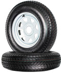 Two Pack Trailer Tire And Rim Set With ST205 75D15 Tire Size And Five Lug White Spoke Wheel, shown stacked