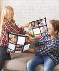 A boy and girl holding personalized pillows with photo grids, part of the Two Pack 60x50 Sublimation Blankets and 3 Pillow Covers DIY set.