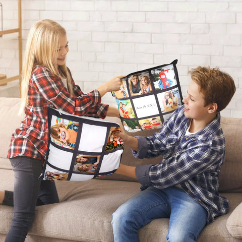 A boy and girl holding personalized pillows with photo grids, part of the Two Pack 60x50 Sublimation Blankets and 3 Pillow Covers DIY set.
