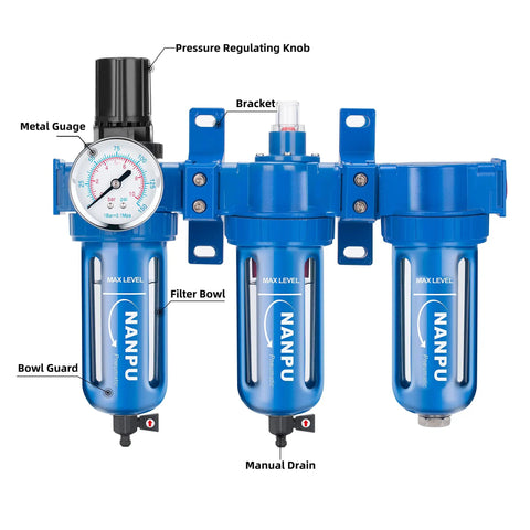 Three-Stage Air System With Zinc Alloy Body, Built Tough, Particulate Filter, Coalescing Filter, Desiccant Dryer, And Regulator