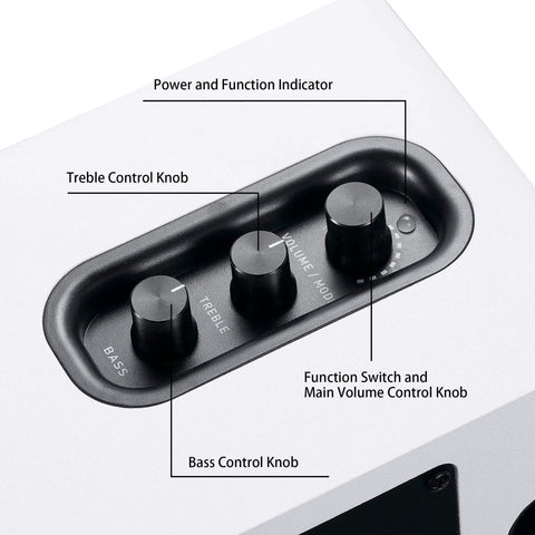 Close-up of control panel on SW208 3 Inch Active Bluetooth 5.0 Bookshelf Speakers with treble, bass, and volume knobs in white finish.