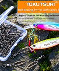 Ball Bearing Swivels With Fishing Speed Clips, 20 Lb Test, 25 Pack, Ultra Smooth Rotation To Prevent Line Twist And Quick Lure Changes, Heavy Duty Tackle Gear For Freshwater And Saltwater Angling; box and lures