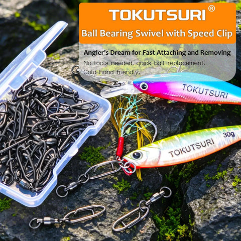 Ball Bearing Swivels With Fishing Speed Clips, 20 Lb Test, 25 Pack, Ultra Smooth Rotation To Prevent Line Twist And Quick Lure Changes, Heavy Duty Tackle Gear For Freshwater And Saltwater Angling; box and lures