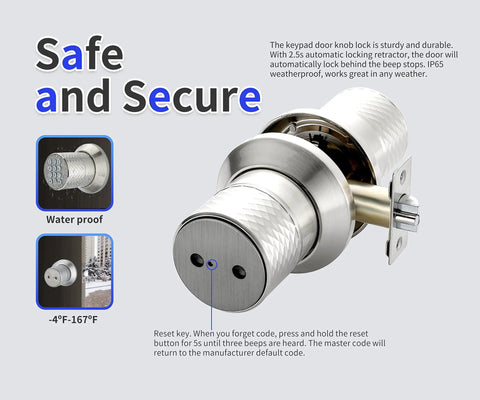 Keyless Entry Door Knob With Keypad For Home And Office, No Fuss Setup Electronic Code Lock With Auto Lock In 3 Seconds