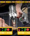 Ecarke 1/2 Inch Cordless Impact Wrench With Brushless Motor And Led Light showing two torque modes for precision work.