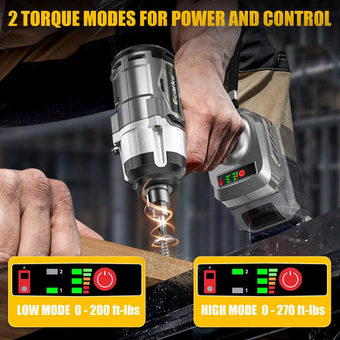 Ecarke 1/2 Inch Cordless Impact Wrench With Brushless Motor And Led Light showing two torque modes for precision work.