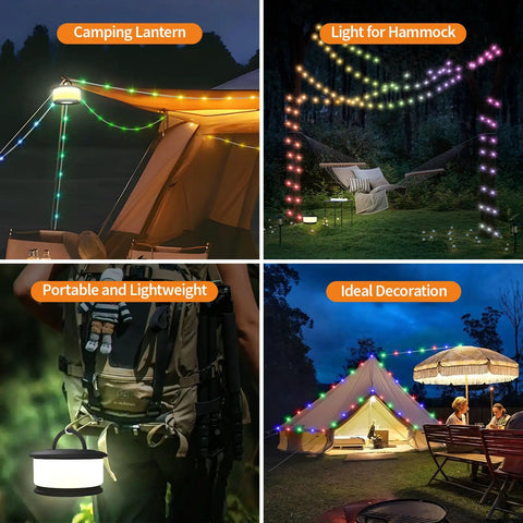 Collage of 3 In 1 Camping String Lights With Retractable RGB LEDs 19 Lighting Modes Quick 30s Recovery 32.8 Ft Of Outdoor Tent Lighting