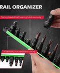 Sixteen Piece Tamper Proof Torx Bit Socket Set with Magnetic Organizer T8 through T60 displayed on green rail with hand