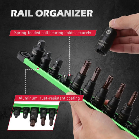 Sixteen Piece Tamper Proof Torx Bit Socket Set with Magnetic Organizer T8 through T60 displayed on green rail with hand