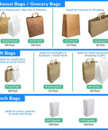 Chart of various takeout and grocery bags, including Heavy Duty Brown Kraft Paper Bags 125 Count Large 12 By 7 By 17 Inches 70 Pound Basis Weight Bulk Pack For Takeout Restaurants Retail And Shopping Great For Grocery Stores And Food Service Use