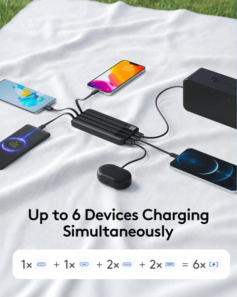 Rugged Portable Power Bank Delivering 22.5W Fast Charging Through Four Built In Cables For Plug And Play Convenience Ideal For Weekend Warriors Seeking A Reliable Quick Charge Fix On The Road Always, charging six devices on a blanket.