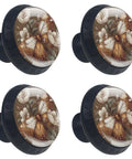 Set Of 4 1.37 Inch Round Cabinet Knobs Brown Butterfly And Flower Design on glass with black finish for kitchen cabinets.