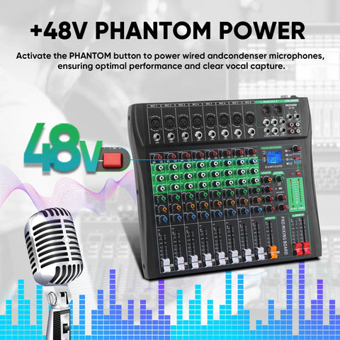 8 Channel DJ Audio Mixer With Reverb And Bluetooth Pro Grade Studio Quality Sound Console With USB Recording display with 48V.