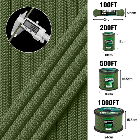 1200 Lb Paracord Rope 4.4mm Nylon Parachute Cord Spool Army Green 100 Ft 14 Strand Core Braided Sheath for Outdoor Use