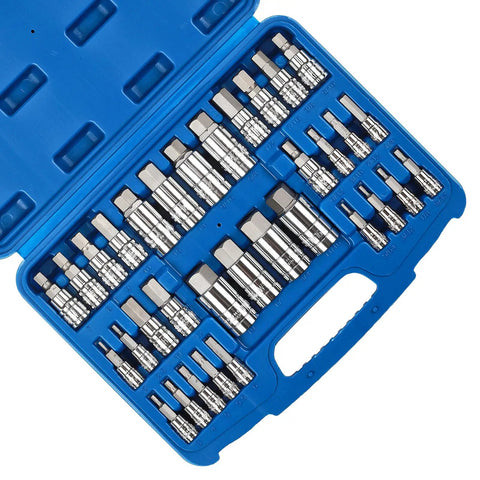 All-In-One Hex Socket Master Set 33 Piece With 1/4 3/8 1/2 Inch Drive Sockets SAE And Metric Allen Bits in blue case