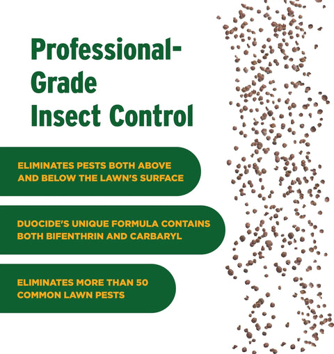 DuoCide Professional-Grade Lawn Insect Control, text highlights product benefits, quick-dispersing DG granules image.