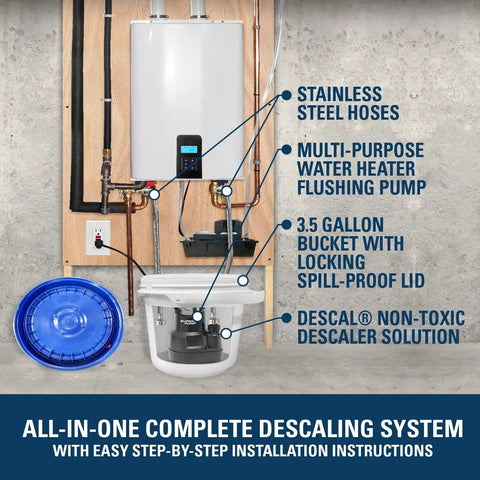 Tankless Water Heater Descaler Pump Kit With Non Toxic Descaler Solution Deluxe 3.5 Gallon Pail Includes 1/6 HP Pump