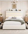 Snag This Super Roomy Queen Size Bed Frame With Plush Beige Velvet Upholstery And Two Easy Glide Storage Drawers Plus Smart Headboard Shelf, showcased in modern bedroom with décor.