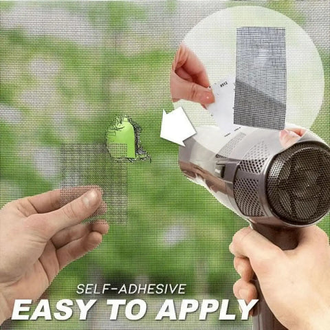 Applying Strong Adhesive Window Screen Repair Tape With Fiberglass Mesh Patch to fix a tear in a screen using a hair dryer.